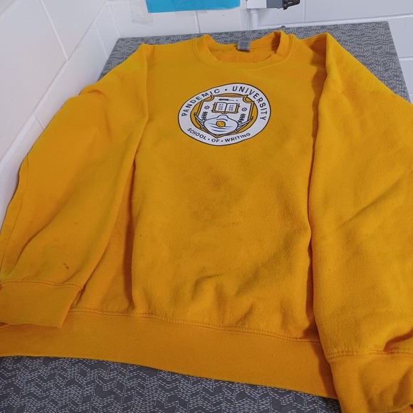 Pandemic University Sweatshirt Mens XL Yellow Gildan Fleece Pullover Long Sleeve - Picture 1 of 12